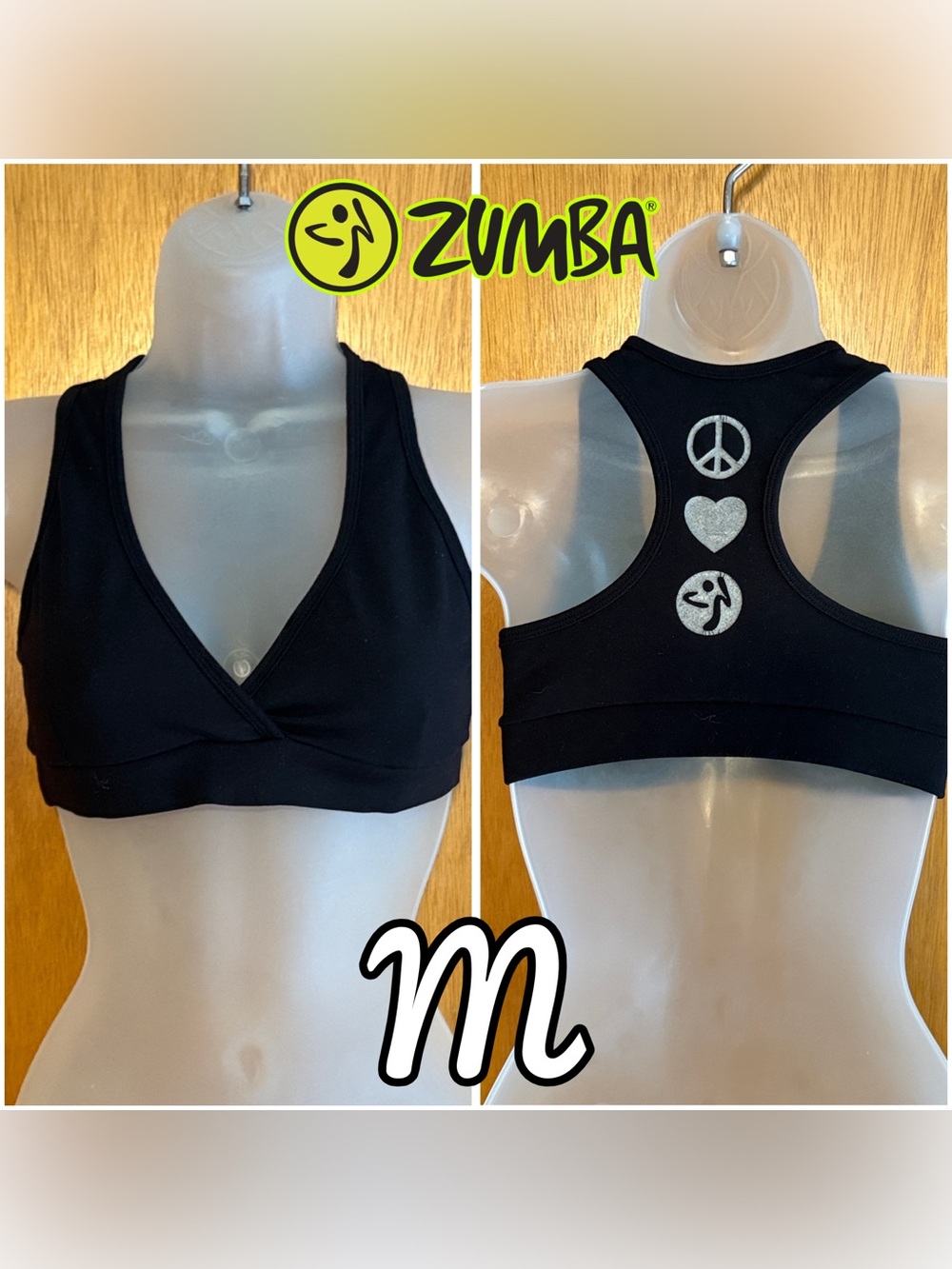 Zumba Fitness Racerback Black V-Neck Sports Bra Bralette  sz M Peace Love Zumba